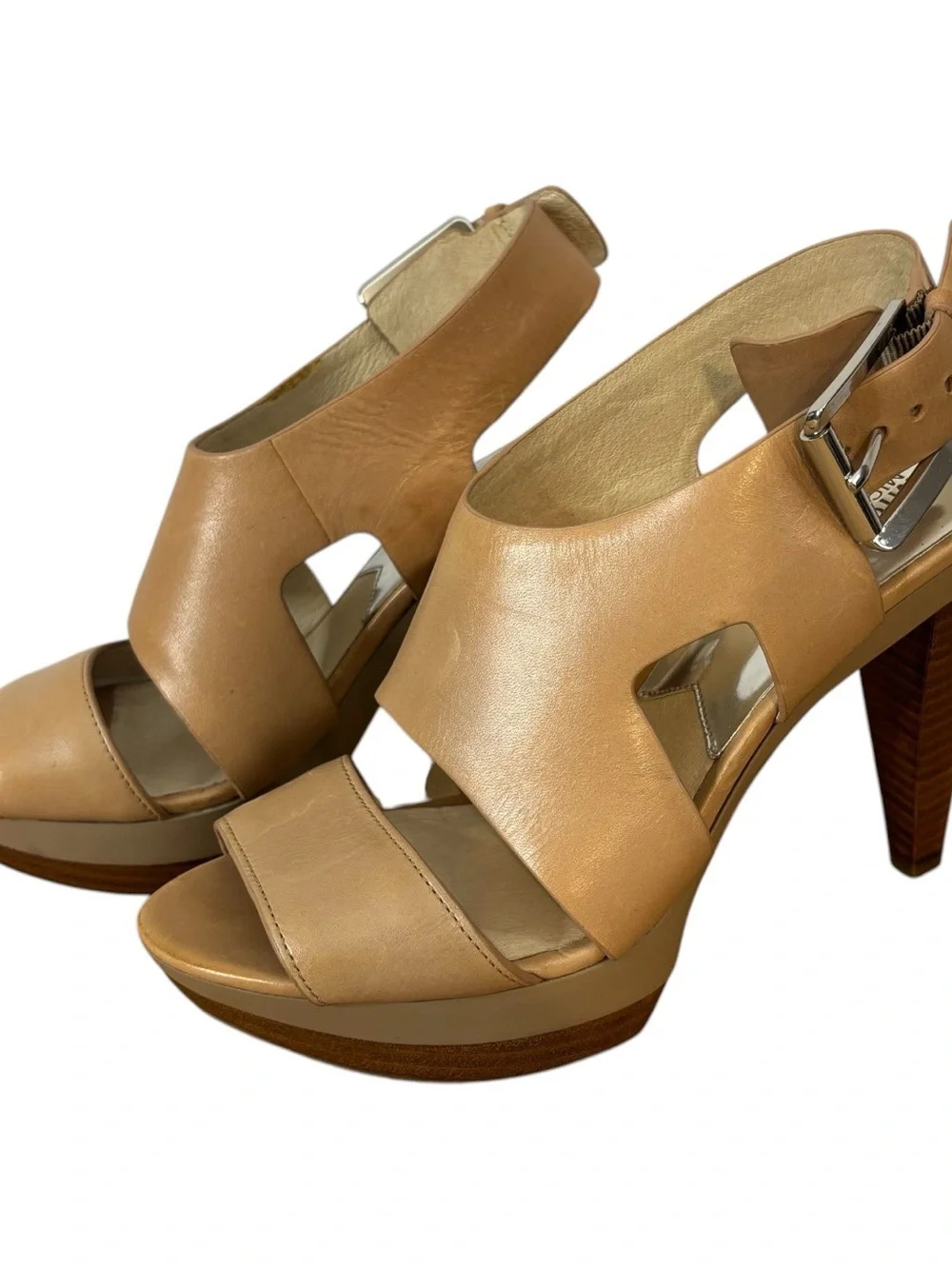 Michael Kors Women's Platform Heels Sandals Open Toe Buckle Leather Tan Size